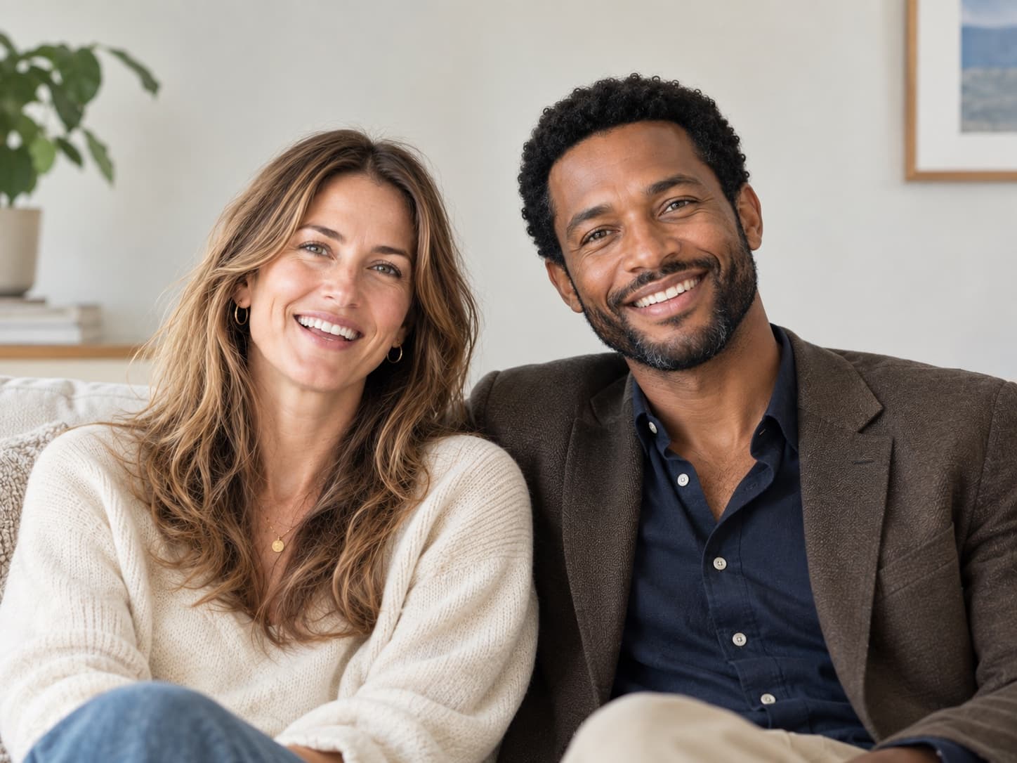 A couple sitting together on a sofa at home, smiling.